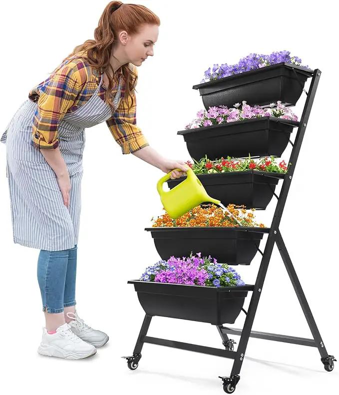 Outvita 4.4 FT Vertical Garden Bed, 5 Tier Vertical Raised Planter, Removable Black Raised Bed Box with 4 Wheels, Movable Elevated Vegetable Flower Planter for Patio Yard Indoor Outdoor by GreenHaven Gardens