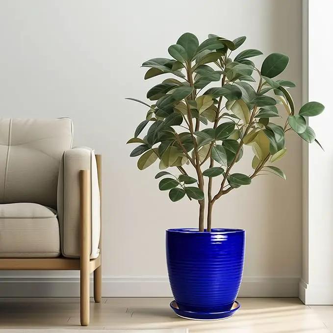 Ceramic Planter Pot - 10 Inch Plant Pot Indoor with Drainage Hole and Saucer Round Planter Large Modern Decorative Flower Pot Outdoor Garden Pot Blue by GreenHaven Gardens