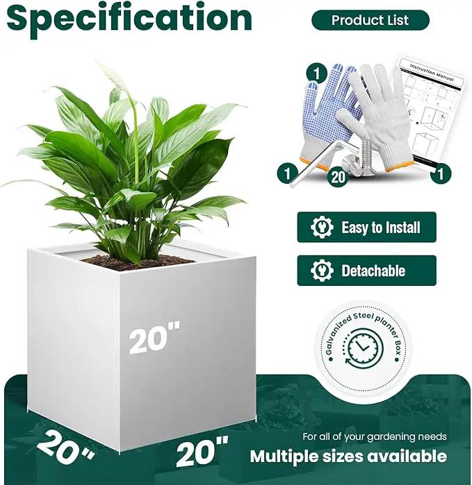 White Outdoor Planter Square Steel Planters Galvanized Steel Planter Box Indoor Metal Large Planters Cube Heavy Duty Flower Pot 20 Inch Modern Commercial Residential for Trees Patio Deck Yard Garden by GreenHaven Gardens