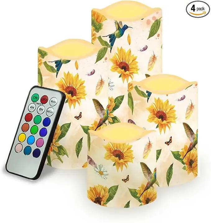 Ystardream Sunflower Hummingbird Flameless Candles with Timer Led Candles Flickering 4 Candle Sets for Home Decor,18 Key Remote Control，Dancing Flame, True Wax, Battery Powered. by GreenHaven Gardens
