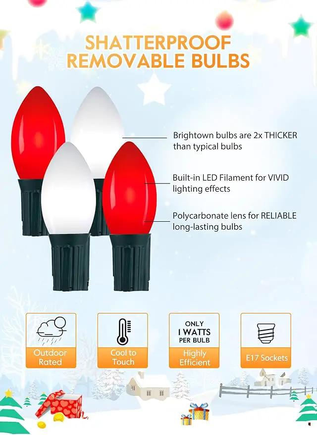 C9 LED Christmas Lights Outdoor, 50 Feet String with 50 Shatterproof Matte Bulbs, Connectable Waterproof Tree Lights for Holiday Roofline Backyard Garden Decor, Red & Pure White by GreenHaven Gardens