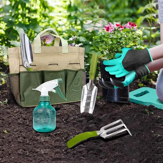 Garden Tools Set with 3 Pcs Aluminum Gardening Tools, 1 Pc Pruning Shear, 1 Pc Mister Spray Bottle, 1 Pc Foam Kneeler，1 Pair Garden Gloves with Claws and 1 Pc Gardener Bag, Gifts for Mom Dad by GreenHaven Gardens