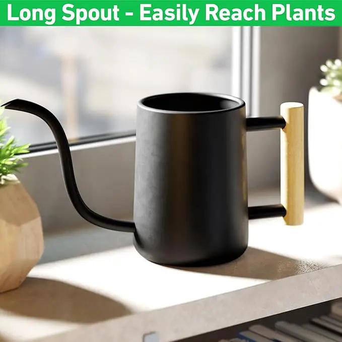 35 Ounce Metal Small Indoor Watering Can with Long Spout & Real Wood Handle for House Plants, Succulents, Cacti & Seedlings - Black Long Spout Watering Can Indoor Plants - Gentle Flow & No Spills by GreenHaven Gardens