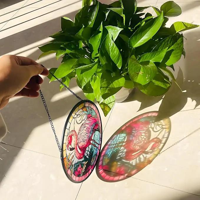 RIVEENY Flamingos Sun Catcher Stained Glass,8" Flamingos Gifts for Women,Stained Glass Window Hanging,Red Birds Sun Catchers for Windows, Hand Painted Glass for Birds Lover by GreenHaven Gardens