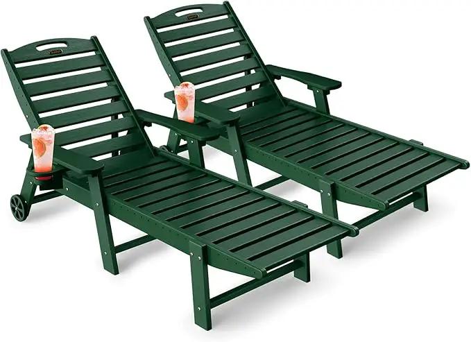 Lounge Chair Outdoor Set of 2, 6-Position Adjustable Chaise Lounge Outdoor with Wheels, Lounge Chair with Cup Holder for Pool Poolside Deck Backyard Patio, Green by GreenHaven Gardens