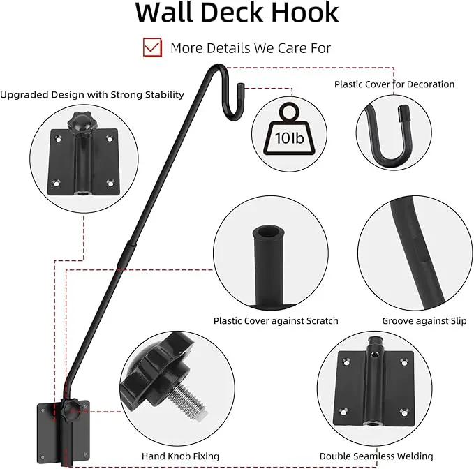 Deck Hook Wall Mounted,Extended Plant Hanger Outdoor,Bird Feeder Hanger-Metal Fence Shepherds Hooks Bracket for Hanging Hummingbird Feeder,Planter,Flower Baskets,Lantern-360°Rotating Pole by GreenHaven Gardens
