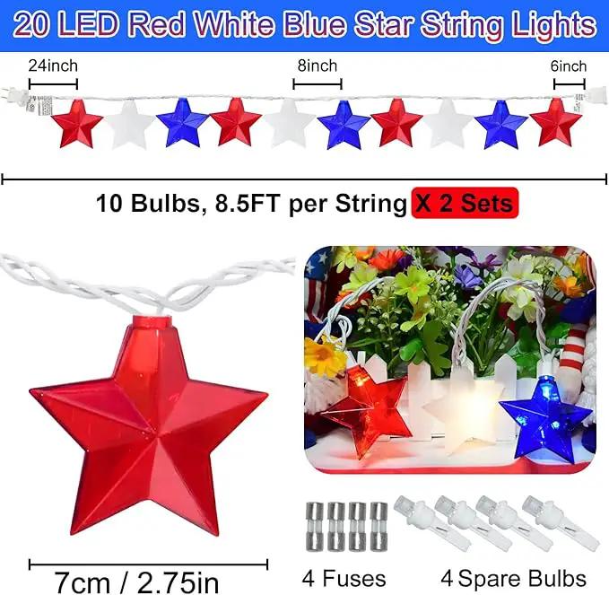 20 LED 4th of July Decor Big Star Lights, 17FT Red White and Blue Star String Lights Plug in, Memorial Day Independence Day Patriotic Decorations Outdoor Indoor for Home Garden Patio, White Wire by GreenHaven Gardens