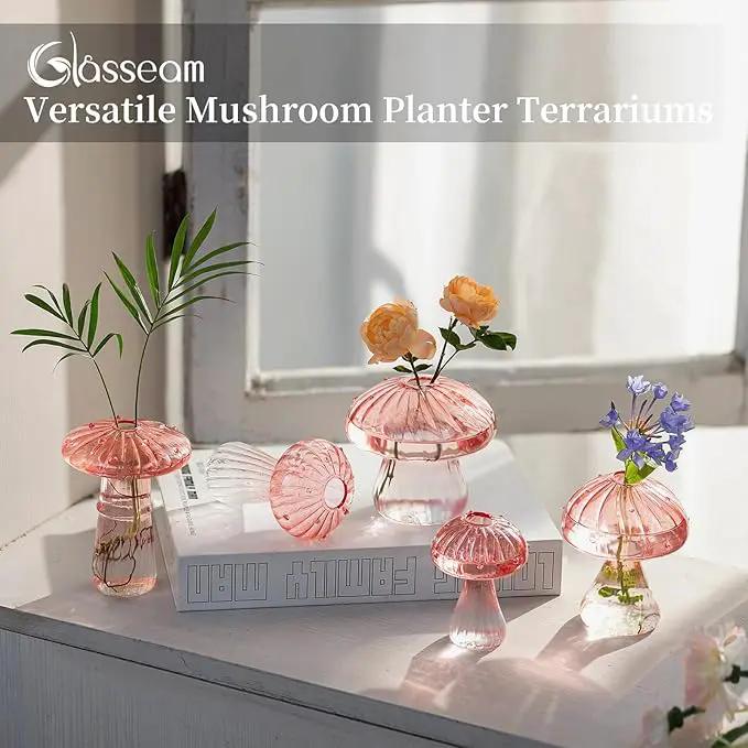 Glasseam Mushroom Plant Propagation Stations: Pink Glass Terrarium Jar Set of 5 Cute Planters for Indoor Plants Decorative Propagate Vase Unique Gifts for Women Home Office Decor by GreenHaven Gardens