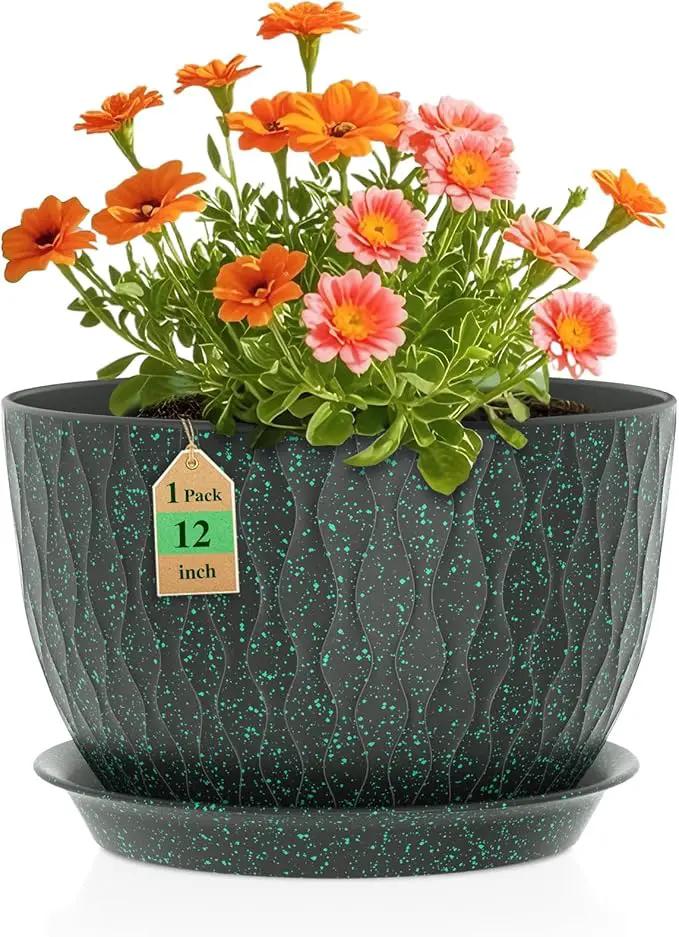12 Inch Wide Water Ripples Flower Pots for Indoor or Outdoor Plants, Large Plant Pots with Drainage Holes & Saucer, Plastic Planters Set for Garden & Home Decor (Black with Green Speckles) by GreenHaven Gardens