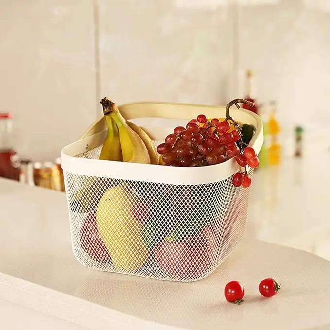 Metal Mesh Steel Basket, Storage Organizer Basket Multi-functional Hanging Kitchen Baskets Fruit Basket Bin with Bamboo Handle for Kitchen Bathroom Picnic Shopping Decor Cabinet Home, White by GreenHaven Gardens