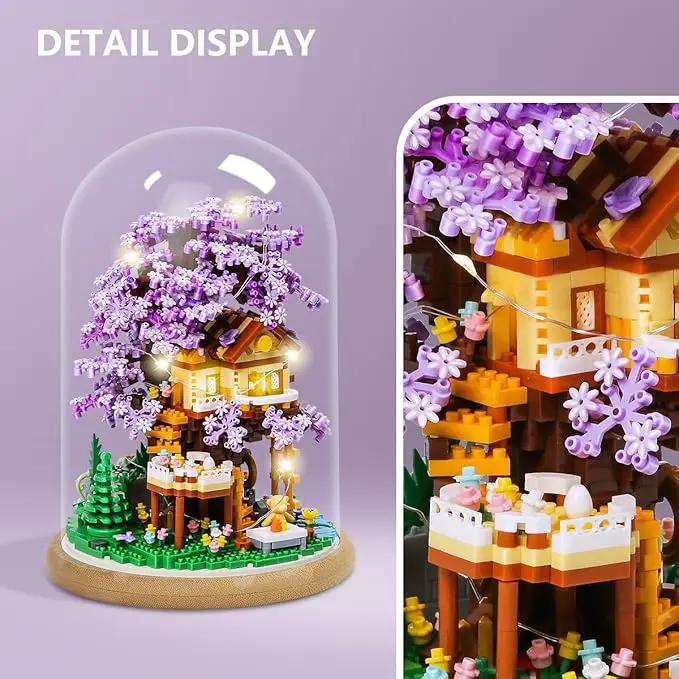 DIY Flower Building Toy Sets Miniature Cherry Blossom Tree House Building Kit, Purple & Yellow Sakura Flowers, Building Blocks Set for Adults & Girls - Bonsai Tree Model with Dust Cover by GreenHaven Gardens