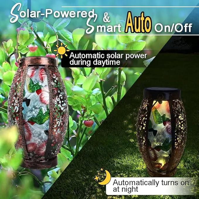 2PCS Hummingbird Solar Lanterns Glass & Metal Hanging Light Outdoor Waterproof 16" H Tabletop Lamp with Hollowed-Out Design with Shepherd's Hooks for Garden Patio Table Decor by GreenHaven Gardens