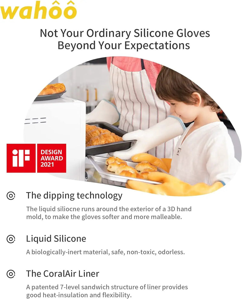wahoo Professional Liquid Silicone Oven Mitts Gloves, Heat Resistant Gloves for Cooking, Baking, CoralAir Liner, 12 Inch, White, XXL by GreenHaven Gardens