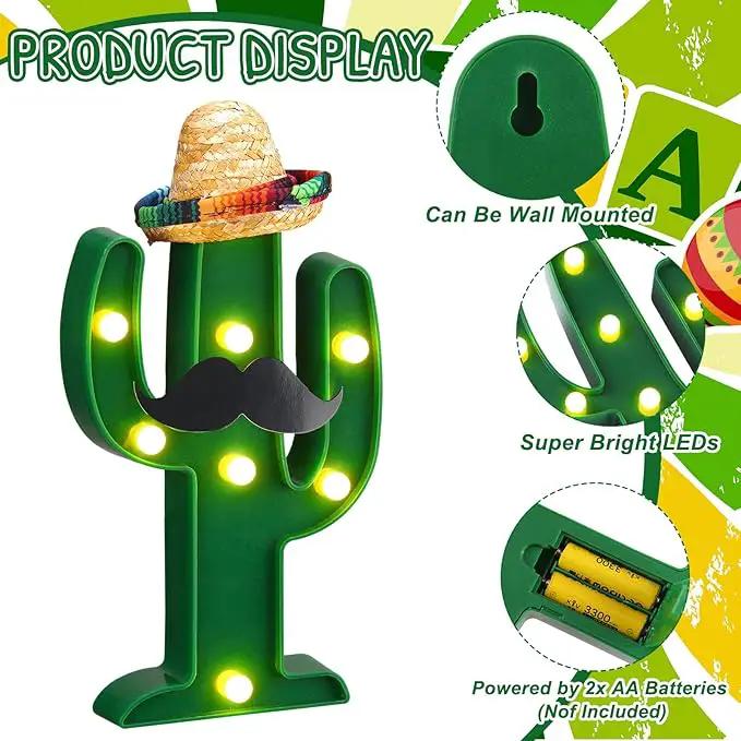 12 Pcs Cinco de Mayo LED Cactus Light with Mini Sombrero Straw Hats and Fake Beard Cinco De Mayo Table Decor Mexican Party Supplies for Table Room Bedroom Party Decoration (4.72 x 2.76 Inch) by GreenHaven Gardens