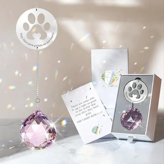 Dog Memorial Gifts, Unique Loss of Pet Sympathy Idea, Pink Crystal Ball Rainbow Suncatcher with Paw Print for Cat or Dog Remembrance and Bereavement by GreenHaven Gardens