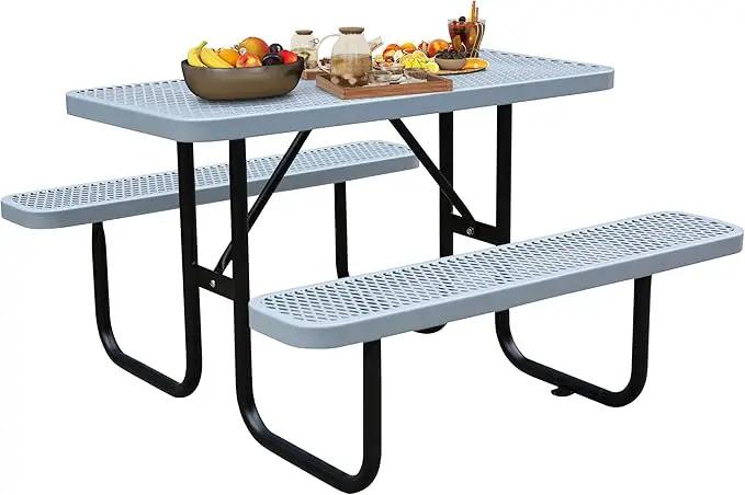 4FT Metal Picnic Tables for Outdoors, Commercial Rectangular Picnic Table and Bench Set for Outside, Patio, Garden, Backyard, Porch, Surface Mount, Grey by GreenHaven Gardens