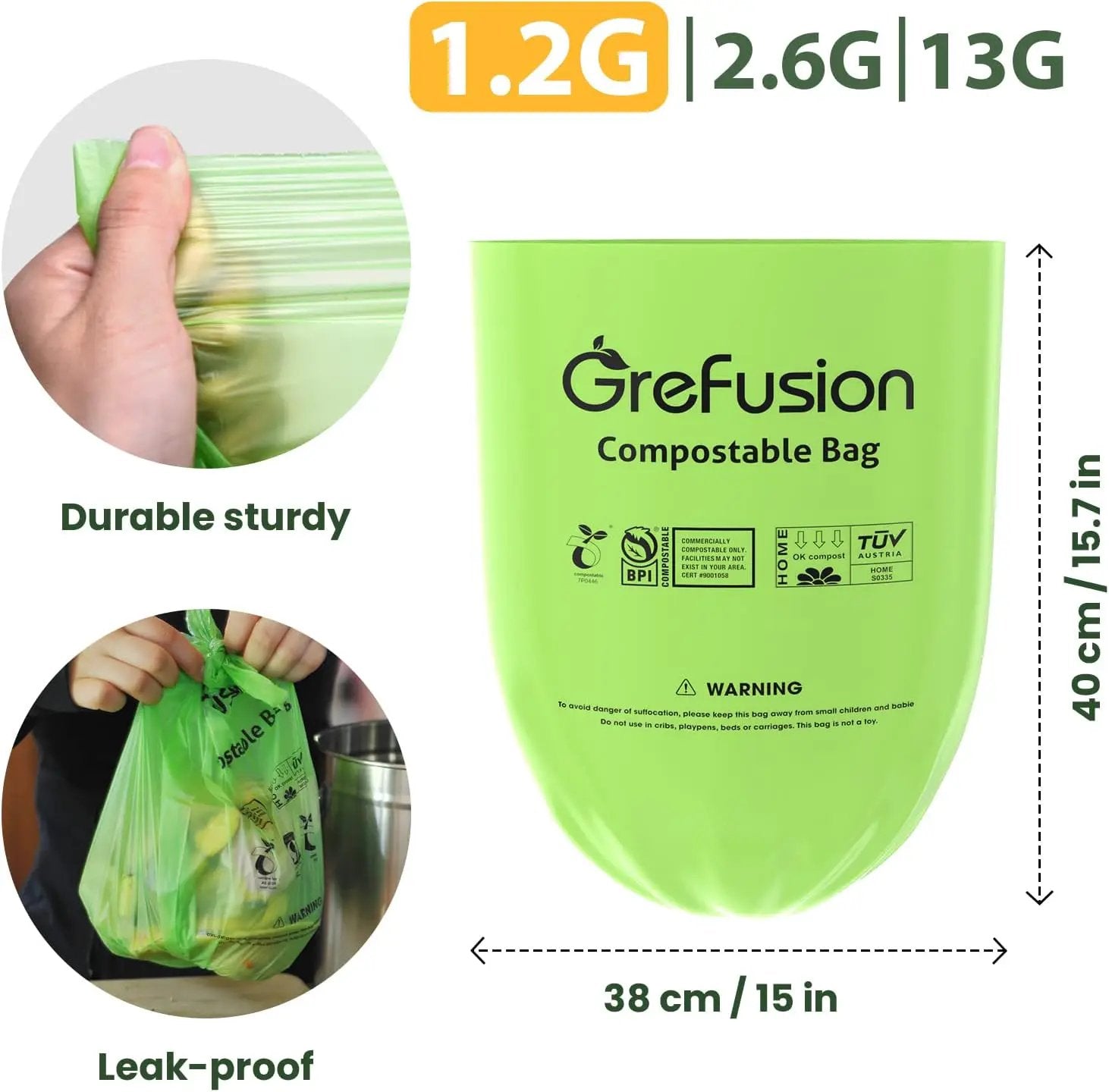 Compostable Bags for Kitchen Compost Bin, 1.2 Gallon, 125 Count, Certified by BPI and ASTM, Leakproof and Odor Control by GreenHaven Gardens