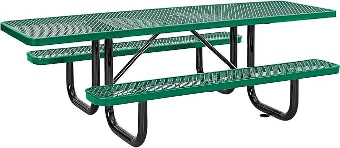 Global Industrial 8'L Rectangular Picnic Table, ADA Compliant, Expanded Metal, Green Thermoplastic Coating, Attached Benches, 1-1/2” Umbrella Pole Hole, Outdoor-Rated by GreenHaven Gardens