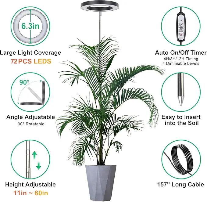 LORDEM Black Full Spectrum LED Grow Light, 72 LEDs, 4 Brightness Settings, Auto On/Off Timer, Height Adjustable, Ideal for Large Plants by GreenHaven Gardens