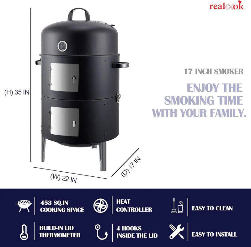 Realcook Vertical 17 Inch Steel Charcoal Smoker, Heavy Duty Round BBQ Grill for Outdoor Cooking, Black by GreenHaven Gardens