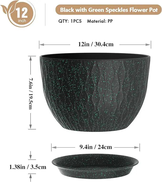 12 Inch Wide Water Ripples Flower Pots for Indoor or Outdoor Plants, Large Plant Pots with Drainage Holes & Saucer, Plastic Planters Set for Garden & Home Decor (Black with Green Speckles) by GreenHaven Gardens