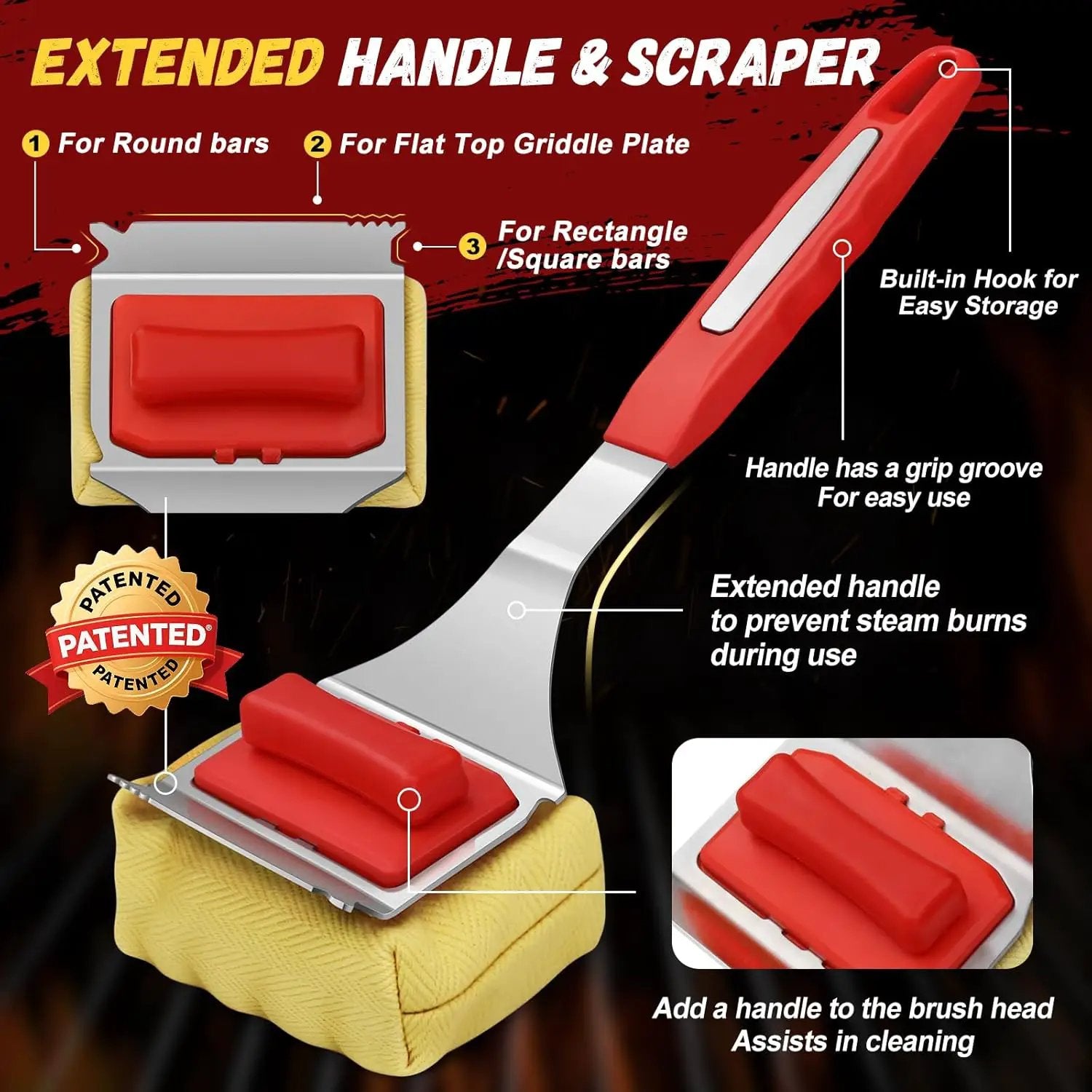 Steam Safe Grill Cleaning Brush Bristle Free and Scraper for Outdoor Grill with 15" Extended Handle, 3X Thick Aramid Fabric Replaceable Brush Heads, Triple-Groove Scraper Design for All Grates, Red by GreenHaven Gardens