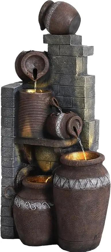 6-Tiers Garden Waterfall Fountain Outdoor - 31’5''H Water Fountains and Waterfalls, Large Outdoor/Indoor Floor Standing Resin Water Fountain with LED Light for Patio, Garden and Home (31.5”H) by GreenHaven Gardens