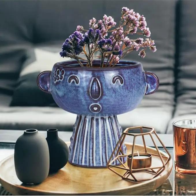 Planter, Ceramic Cute Face Flower Pot Head, Indoor Outdoor, Drainage Hole, 7x5x6 inches, Light Blue by GreenHaven Gardens