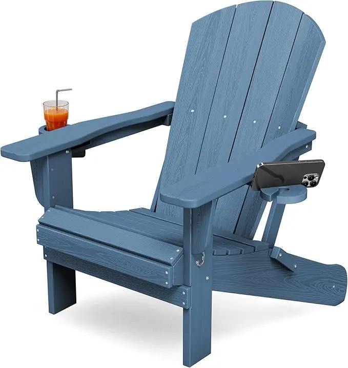KINGYES Folding Adirondack Chair with Dual Cup Holders - HDPE All-Weather Outdoor Chairs, Wood-Like Patio Chair for Backyard, Camping, Pool & Fire Pit, Navy by GreenHaven Gardens