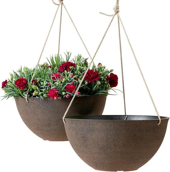 LA JOLIE MUSE Large Hanging Planters - 13 Inch Flower Pots Outdoor Indoor, Hanging Garden Planters Set of 2, New Iron Color by GreenHaven Gardens