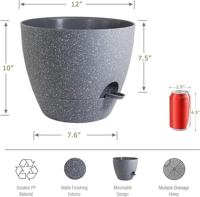 12 inch Large Self Watering Pots, Plastic Planters with 60oZ Removable Deep Reservoir and Multi Mesh Drainage Holes for Indoor Outdoor Garden Plants and Flowers, Grey Speckles by GreenHaven Gardens