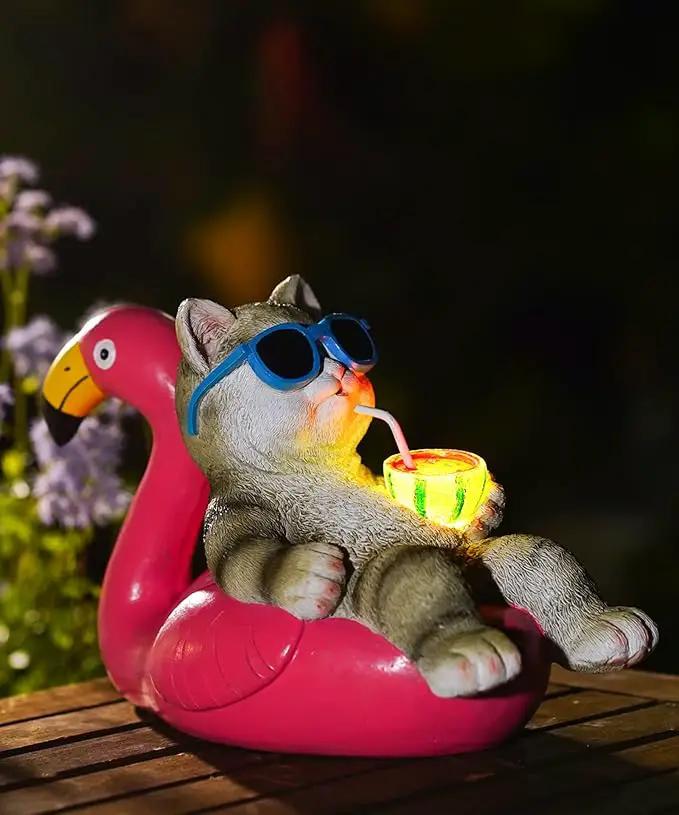 Cat Lying Flamingo Solar Statue: Outdoor Sculptures Clearance for Lawn Porch Patio Balcony Yard - Gifts for Mom Women by GreenHaven Gardens