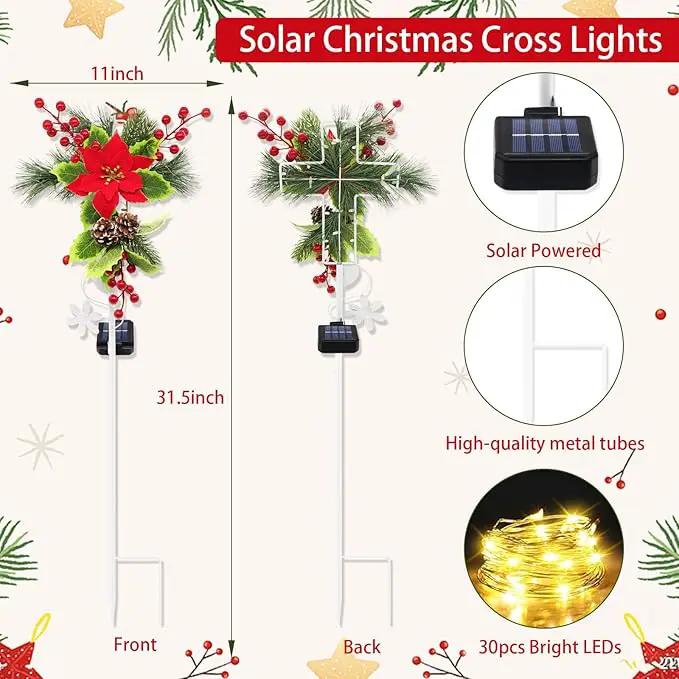 Solar Christmas Decorations Outdoor, 32 Inch Solar Christmas Cross Stake Lights, Waterproof Grave Decorations with Poinsettia Flower Pinecones Red Berries for Garden Yard Patio Lawn Cemetery by GreenHaven Gardens