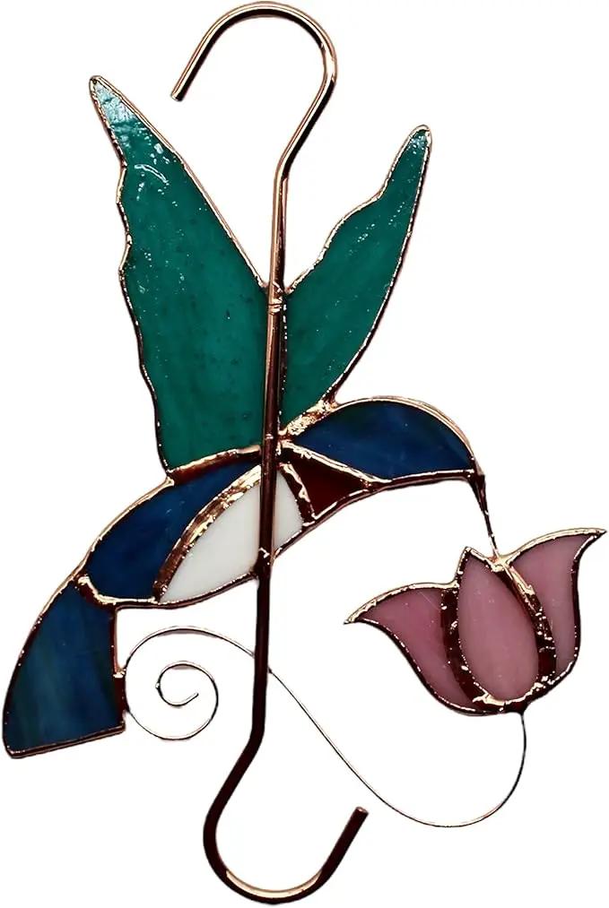 Plant Hanger Hook - Hummingbird with Pink Flower - Stained Glass Sun Catcher Plant Hook for Indoor and Outdoor Use - Copper S Hooks Top and Bottom by GreenHaven Gardens