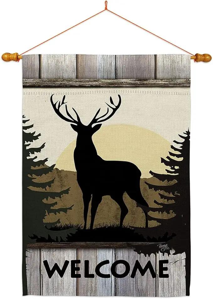 Welcome Deer House Flag Dowel Set Animals Wildlife Outdoor Bear Wolf Pet Nature Farm Animal Creature Small Decorative Gift Yard Banner Double-Sided Made In USA 28 X 40 by GreenHaven Gardens