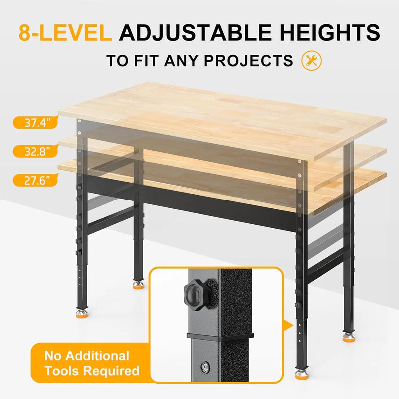 48’’ Work Bench Adjustable Workbench Heavy Duty Work Table with Rubber Pads, 2000 Lbs Capacity Hardwood Work Benches for Garage, Workshop, Office, Home by GreenHaven Gardens