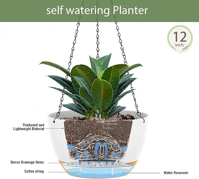 12 Inch Hanging Baskets 2 PC with Chains, Self-Watering Hanging Planters for Indoor Outdoor Plants, Plastic Hanging Flower Pots,White Brown by GreenHaven Gardens