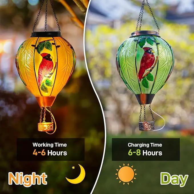 Large Hot Air Balloon Cardinal Solar Lantern Lights with Flame, Green Glass Balloon Lantern Waterproof Outdoor Decor for Garden Yard Patio, Birthday Mother's Day Gifts for Moms Women by GreenHaven Gardens