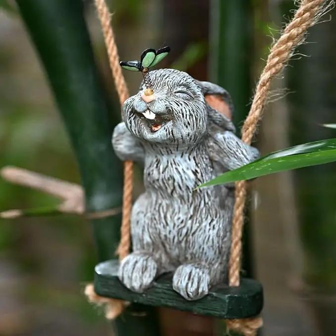 OwMell Garden Rabbit Statues, Cute Swing Bunny with Butterfly Statue Decoration for Yard Hanging Outdoor, Tree Ornaments Figurine for Stump Branch Lawn Patio Decor by GreenHaven Gardens