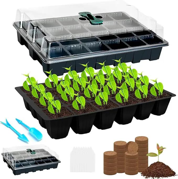 Halatool Seed Starter Kit, 2 Pack Seed Starter Trays with 50 Pcs Coco pellets and 2 Garden Tools & 100 Plant Labels, Greenhouse Indoor Seed Germination System for Herbs, Vegetables and Flowers (Black) by GreenHaven Gardens