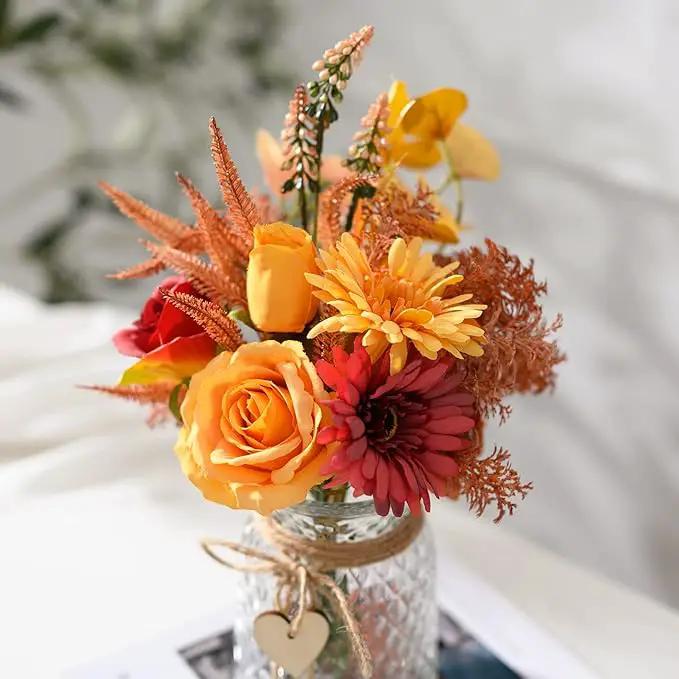 Artificial Flowers with Vase, Faux Silk Flowers Arrangement in Vase, Rustic Home Office Decorations, Farmhouse Dining Table Decor, Coffee Table Centerpiece, Fall Table Plant Decor by GreenHaven Gardens