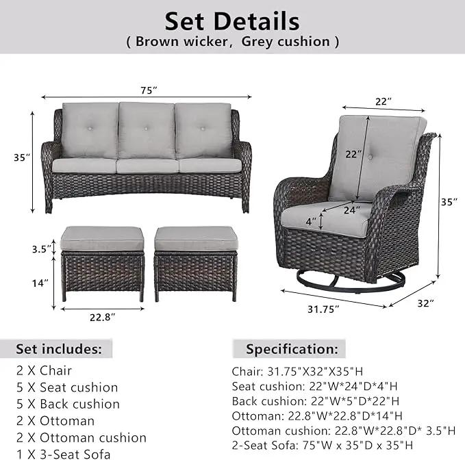 5 Piece Outdoor Patio Furniture Set - Wicker Furniture Patio Conversation Set, Outdoor Swivel Rocker Chairs with 3-Seater Sofa and 2 Ottomans for Small Space, Gray Cushion by GreenHaven Gardens