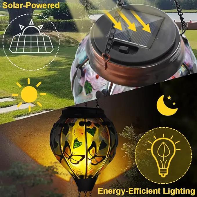 Hot Air Balloon Solar Lantern with Flickering Flame, Glass Hanging Garden Lights Outdoor Waterproof for Tree Yard Patio Mother's Day Gift, 18" H Butterfly by GreenHaven Gardens