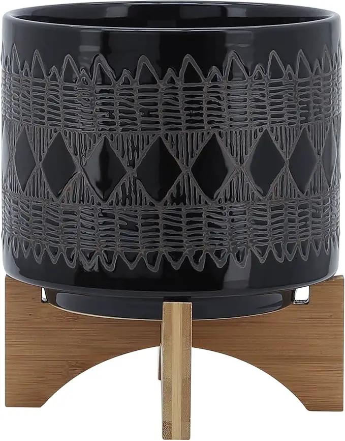Sagebrook Home Black and Gray Aztec Design Ceramic Planter with Solid Rubberwood Stand for Tabletop Display in Living Room, Bedroom, or Office by GreenHaven Gardens