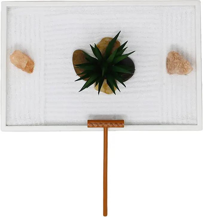 Nature's Mark Mini Zen Garden Kit for Desk with White Sand, Rake, White Base, Salt Rock and Air Plant (Rectangle) by GreenHaven Gardens