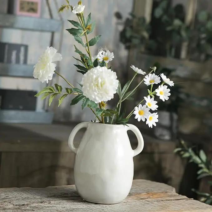 White Ceramic Vase with 2 Handles, Modern Farmhouse Decor, Rustic Terracotta Pottery, Decorative Flower Vases, Clay Small Vase, Centerpiece for Dining Table - 7 Inch Tall by GreenHaven Gardens