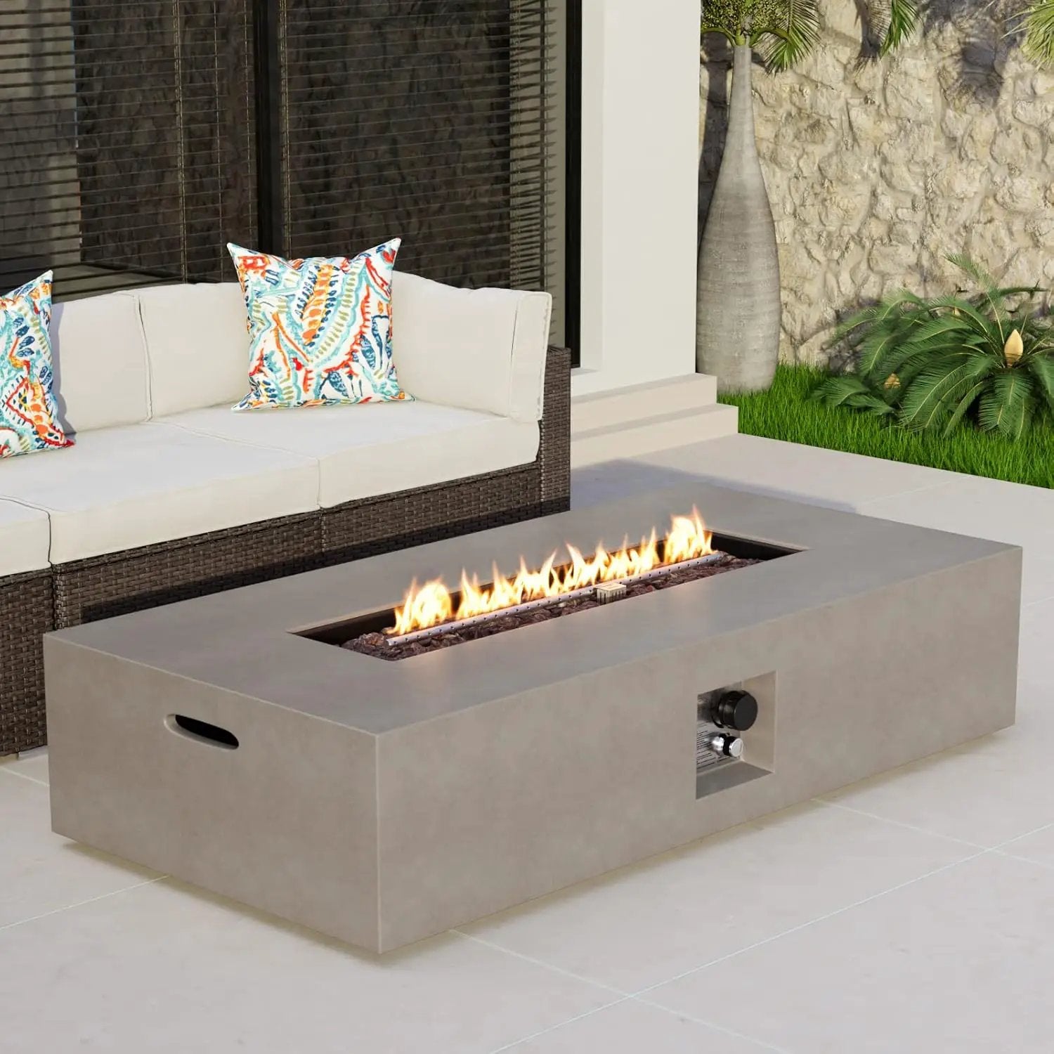 COSIEST 56-inch x 28-inch Outdoor Propane Fire Pit Coffee Table w Concrete Rectangle Base, CSA Certified, 50,000 BTU, Free Lava Rocks and RainCover, Fits 20lb Tank Outside(Gray) by GreenHaven Gardens