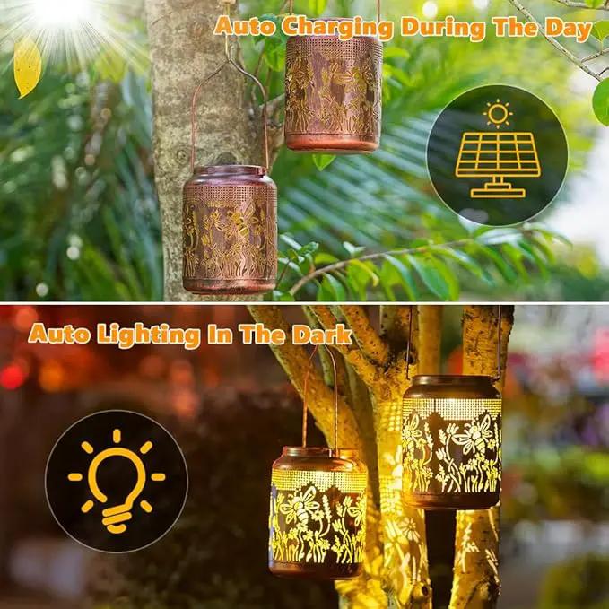 2 Pack Bee Solar Lanterns Outdoor Waterproof Hanging Solar Lights LED 6.9" Metal Flower Bee Decorative Lantern for Patio,Yard,Porch,Table,Garden Birthday Gifts for Women Mom Grandma by GreenHaven Gardens