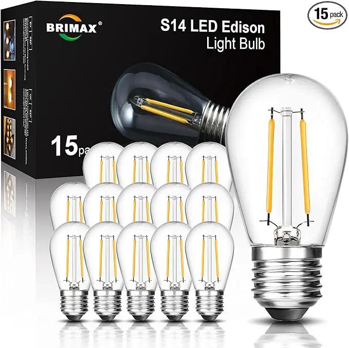 BRIMAX 2w S14 Led Edison Light Bulbs Outdoor 11w Incandescent Filament Bulb Replacement 2700K Bright Warm White Dimmable, E26 Base Durable Led Bulb for Outdoor Patio String Light,15pack by GreenHaven Gardens
