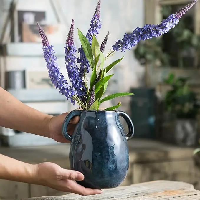 Blue Ceramic Vase with 2 Handles, Modern Farmhouse Decor, Rustic Terracotta Pottery, Decorative Flower Vases, Clay Small Vase, Centerpiece for Dining Table - 7 Inch Tall by GreenHaven Gardens